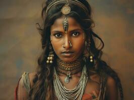 oud gekleurde fotograaf van een Indisch vrouw van de vroeg jaren 1900 ai generatief foto