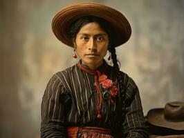 oud gekleurde fotograaf van een Mexicaans vrouw van de vroeg jaren 1900 ai generatief foto