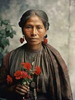 oud gekleurde fotograaf van een Mexicaans vrouw van de vroeg jaren 1900 ai generatief foto