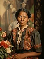 oud gekleurde fotograaf van een Mexicaans vrouw van de vroeg jaren 1900 ai generatief foto