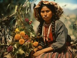 oud gekleurde fotograaf van een Mexicaans vrouw van de vroeg jaren 1900 ai generatief foto