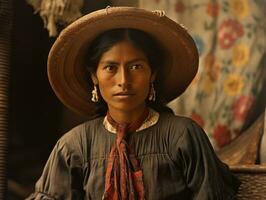 oud gekleurde fotograaf van een Mexicaans vrouw van de vroeg jaren 1900 ai generatief foto