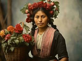 oud gekleurde fotograaf van een Mexicaans vrouw van de vroeg jaren 1900 ai generatief foto