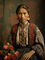 oud gekleurde fotograaf van een Mexicaans vrouw van de vroeg jaren 1900 ai generatief foto