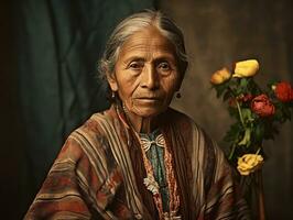 oud gekleurde fotograaf van een Mexicaans vrouw van de vroeg jaren 1900 ai generatief foto