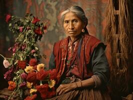 oud gekleurde fotograaf van een Mexicaans vrouw van de vroeg jaren 1900 ai generatief foto