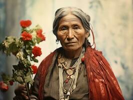 oud gekleurde fotograaf van een Mexicaans vrouw van de vroeg jaren 1900 ai generatief foto