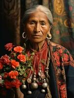 oud gekleurde fotograaf van een Mexicaans vrouw van de vroeg jaren 1900 ai generatief foto