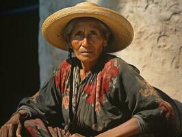 oud gekleurde fotograaf van een Mexicaans vrouw van de vroeg jaren 1900 ai generatief foto