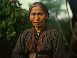 oud gekleurde fotograaf van een Mexicaans vrouw van de vroeg jaren 1900 ai generatief foto