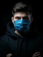 een Mens in een zwart capuchon met een blauw chirurgisch masker Aan zijn gezicht generatief ai foto