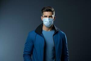 een Mens in een blauw jasje is vervelend een chirurgisch masker generatief ai foto