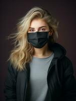 een vrouw vervelend een gezicht masker tegen een donker achtergrond generatief ai foto