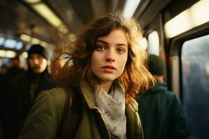 een jong vrouw is staand Aan een metro trein foto