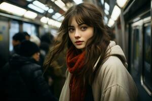 een jong vrouw vervelend een sjaal Aan een metro trein generatief ai foto