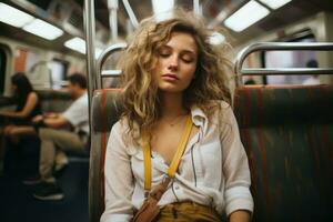 een vrouw slapen Aan een metro trein generatief ai foto