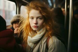een vrouw met rood haar- Aan een trein foto