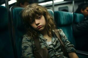 een jong meisje zittend Aan een trein met haar ogen Gesloten generatief ai foto