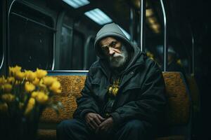 een oud Mens zittend Aan een trein met geel tulpen in voorkant van hem generatief ai foto