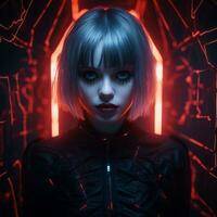een vrouw in een donker kamer met neon lichten generatief ai foto