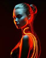3d renderen van een vrouw met gloeiend neon lijnen Aan haar lichaam generatief ai foto