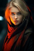 een mooi blond vrouw in een zwart mantel en rood licht generatief ai foto