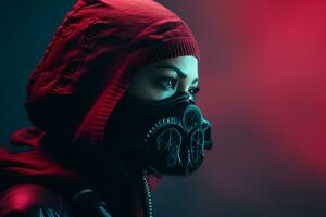 een vrouw vervelend een gas- masker in een rood capuchon generatief ai foto