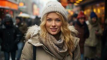 een mooi blond vrouw in een winter jas en hoed Aan een bezig stad straat generatief ai foto