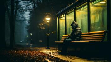 een persoon zittend Aan een bank in de midden- van een park Bij nacht generatief ai foto