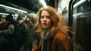 een vrouw is staand Aan een metro trein met haar haar- blazen in de wind generatief ai foto