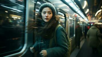 een vrouw Aan een metro trein met haar haar- blazen in de wind generatief ai foto