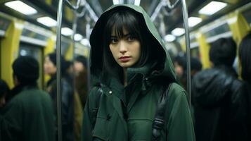 een vrouw vervelend een groen jasje Aan een metro trein generatief ai foto
