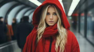 een vrouw vervelend een rood met een kap jasje in een luchthaven generatief ai foto