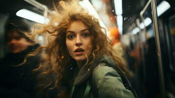 een vrouw met gekruld haar- Aan een metro trein foto