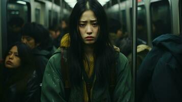 een vrouw met lang zwart haar- zittend Aan een metro trein generatief ai foto