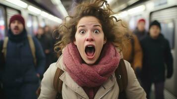 een vrouw met haar mond Open Aan een metro trein foto