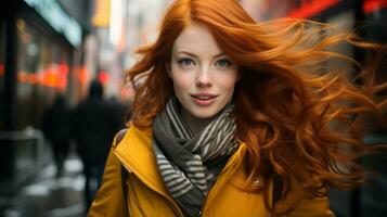 een vrouw met rood haar- wandelen naar beneden de straat foto