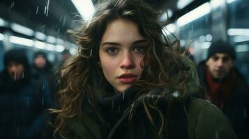 een jong vrouw is staand in de midden- van een druk metro generatief ai foto