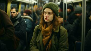 een jong vrouw zittend Aan een metro trein generatief ai foto