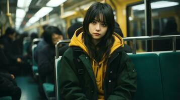 een jong vrouw vervelend een groen jasje en een geel capuchon zittend Aan een trein generatief ai foto