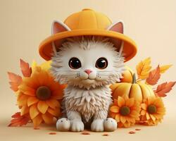 3d renderen van een kat vervelend een oranje hoed en omringd door herfst bladeren generatief ai foto