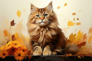 een schilderij van een kat zittend in voorkant van herfst bladeren generatief ai foto