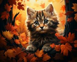 een schilderij van een katje zittend in een boom omringd door herfst bladeren generatief ai foto