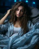 een vrouw in bed met een blauw deken generatief ai foto