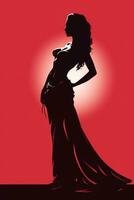 silhouet van een vrouw in een lang jurk Aan een rood achtergrond generatief ai foto