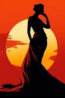 silhouet van een vrouw in een lang jurk staand in voorkant van een oranje zonsondergang generatief ai foto