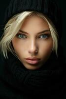 een mooi blond vrouw in een zwart hoed en sjaal generatief ai foto