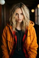 een mooi blond vrouw in een oranje jasje en zwart overhemd generatief ai foto