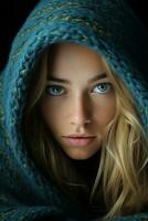 een mooi blond vrouw met blauw ogen onder een deken generatief ai foto