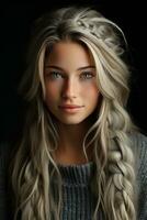 een mooi blond vrouw met lang haar- en blauw ogen generatief ai foto